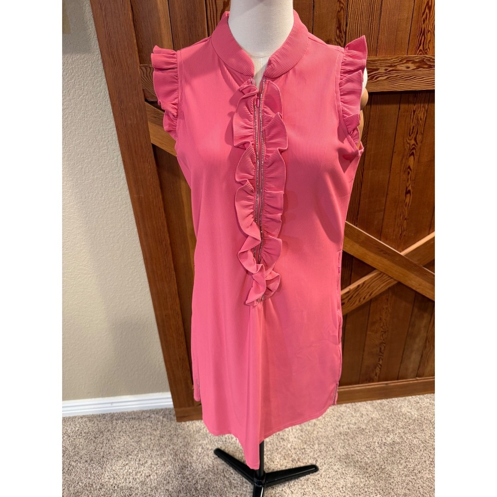 Acegolfs Pink Ruffle Golf Dress Rhinestone Zip Sleeveless Ribbed Athletic Medium